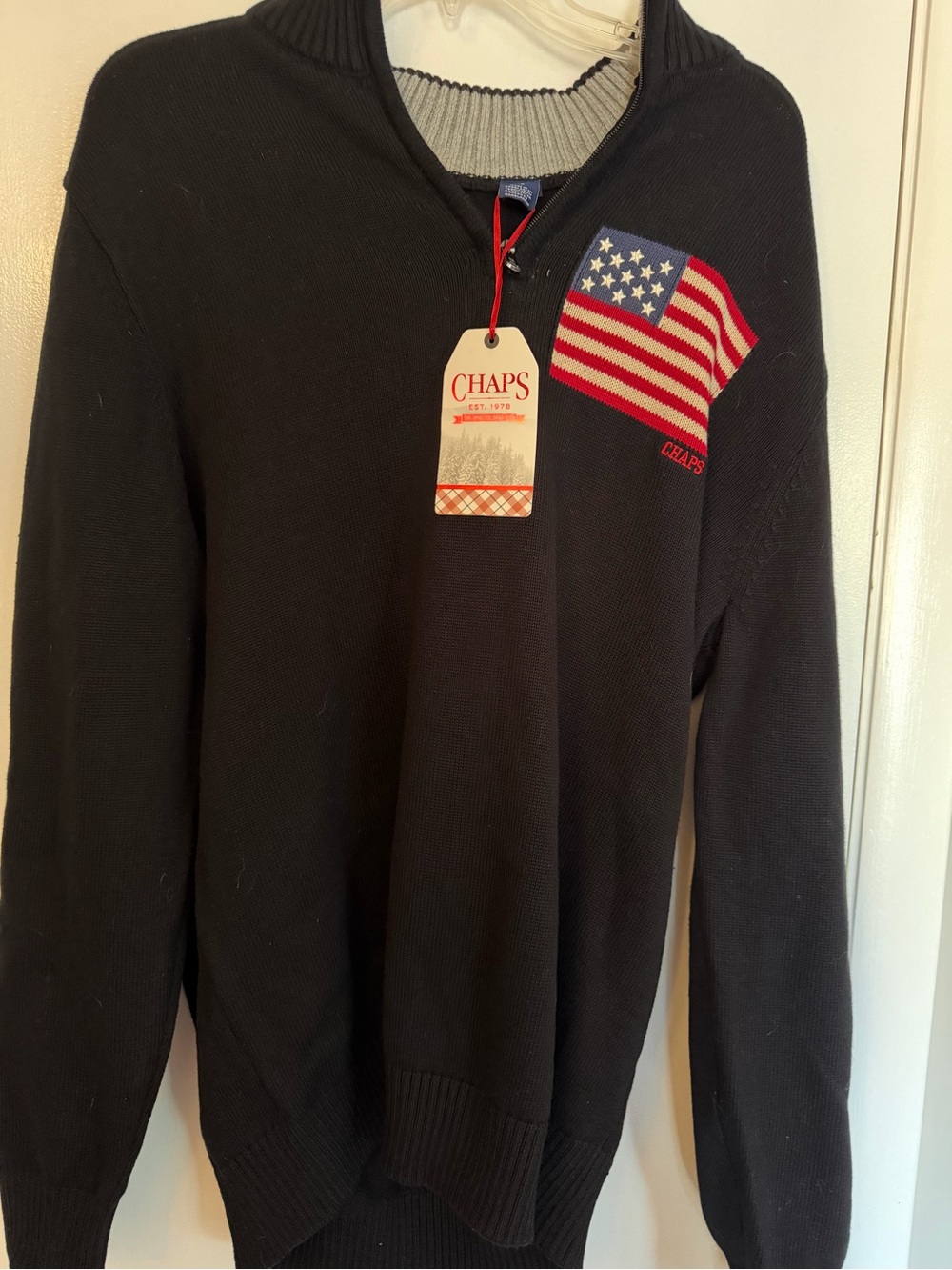 Chaps Men's USA Flag 1/4 Zip Mock Neck Cotton Knit Sweater Black Size L
